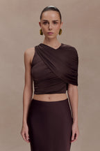 Adrienne One Shoulder Slinky Top - Chocolate