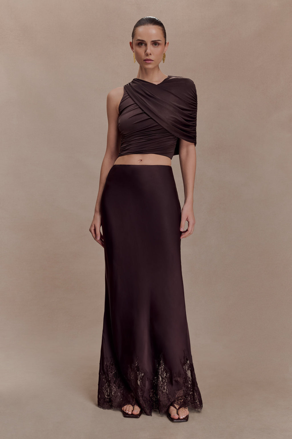 Adrienne One Shoulder Slinky Top - Chocolate