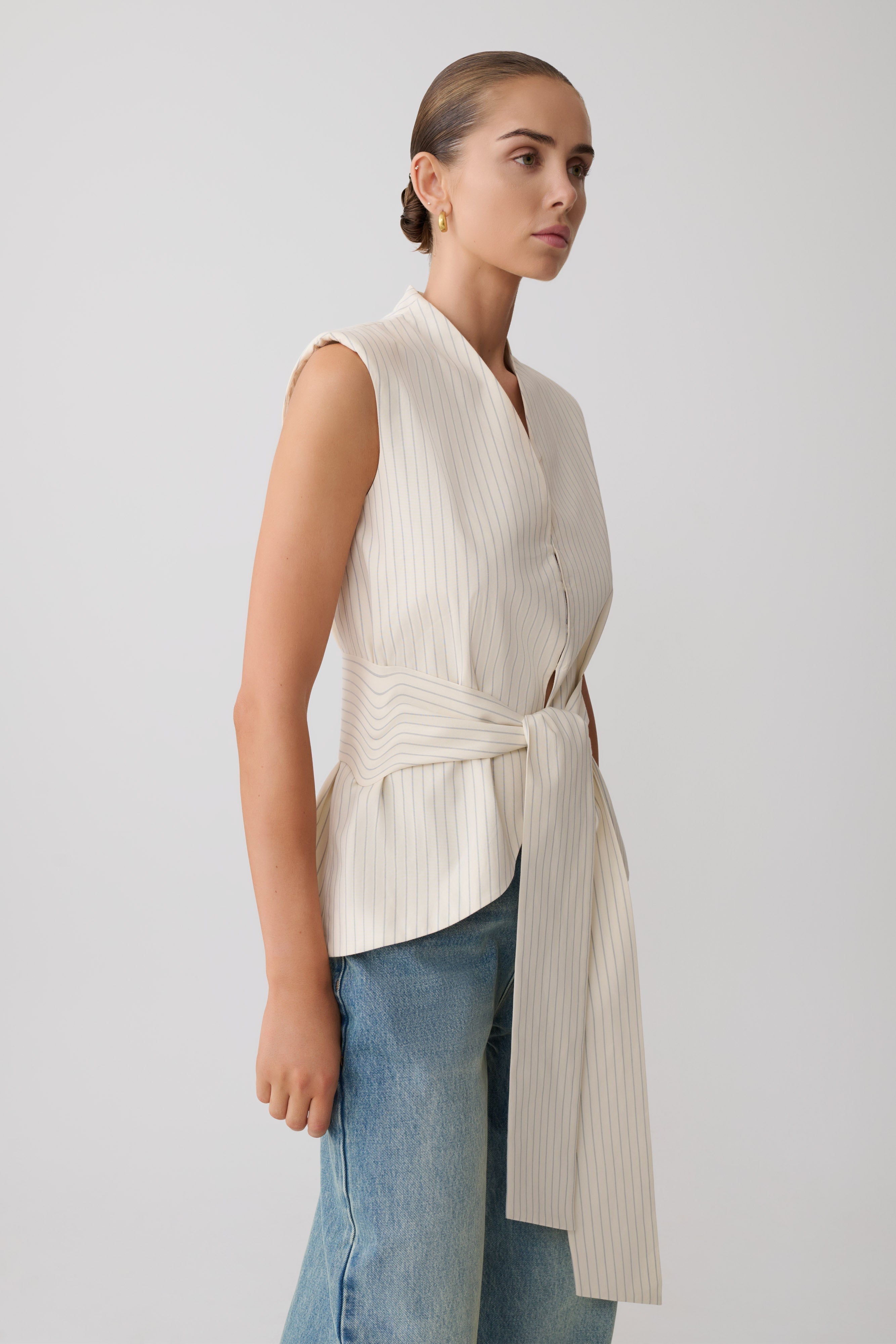 Alina Waist Tie Sleeveless Top - Stripe