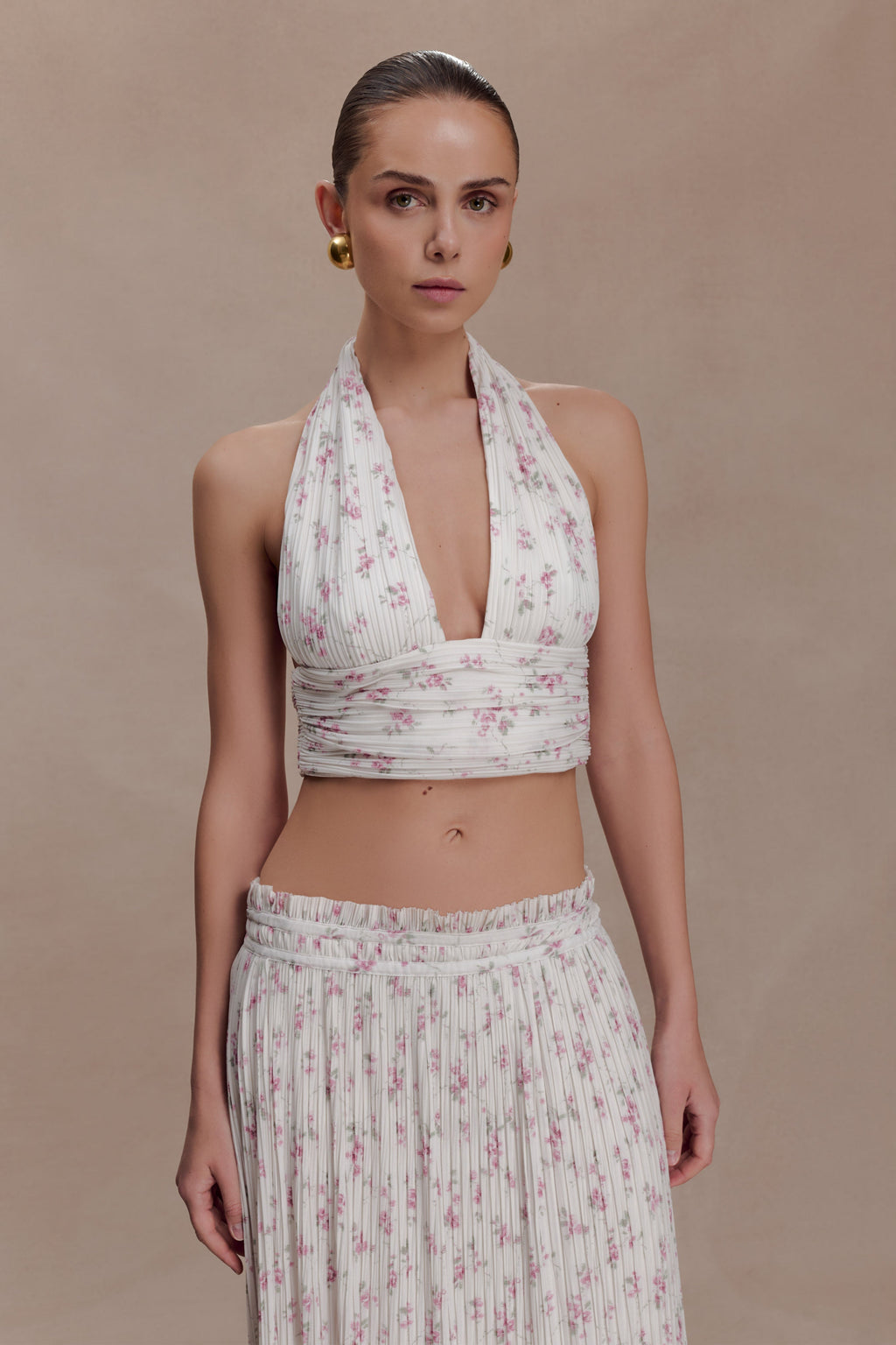 Amaris Sleeveless Plisse Halter Top - Floral Ditsy Print