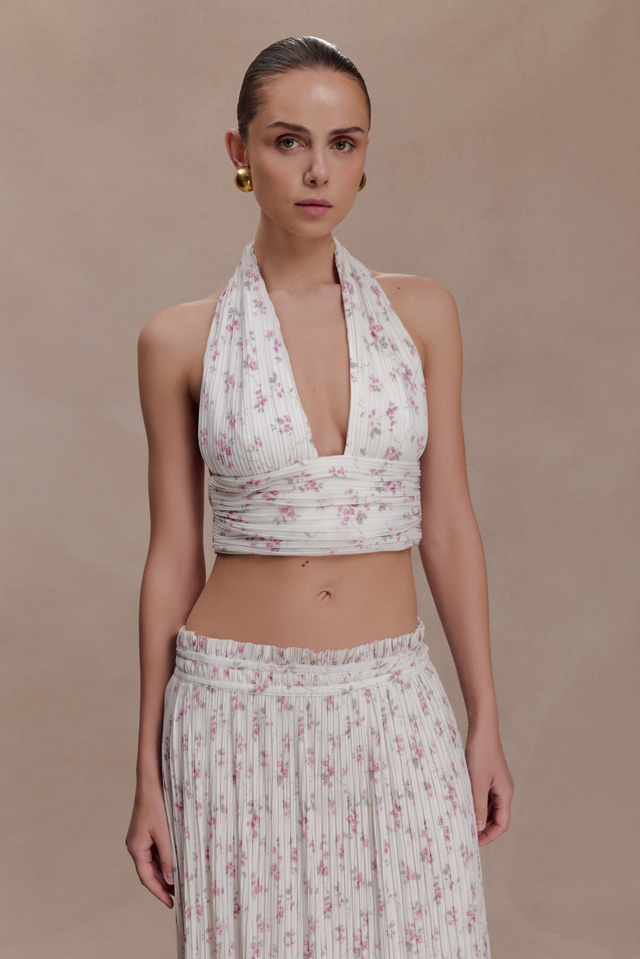 Amaris Sleeveless Plisse Halter Top - Floral Ditsy Print