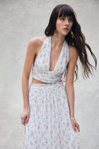 Amaris Sleeveless Plisse Halter Top - Floral Ditsy Print