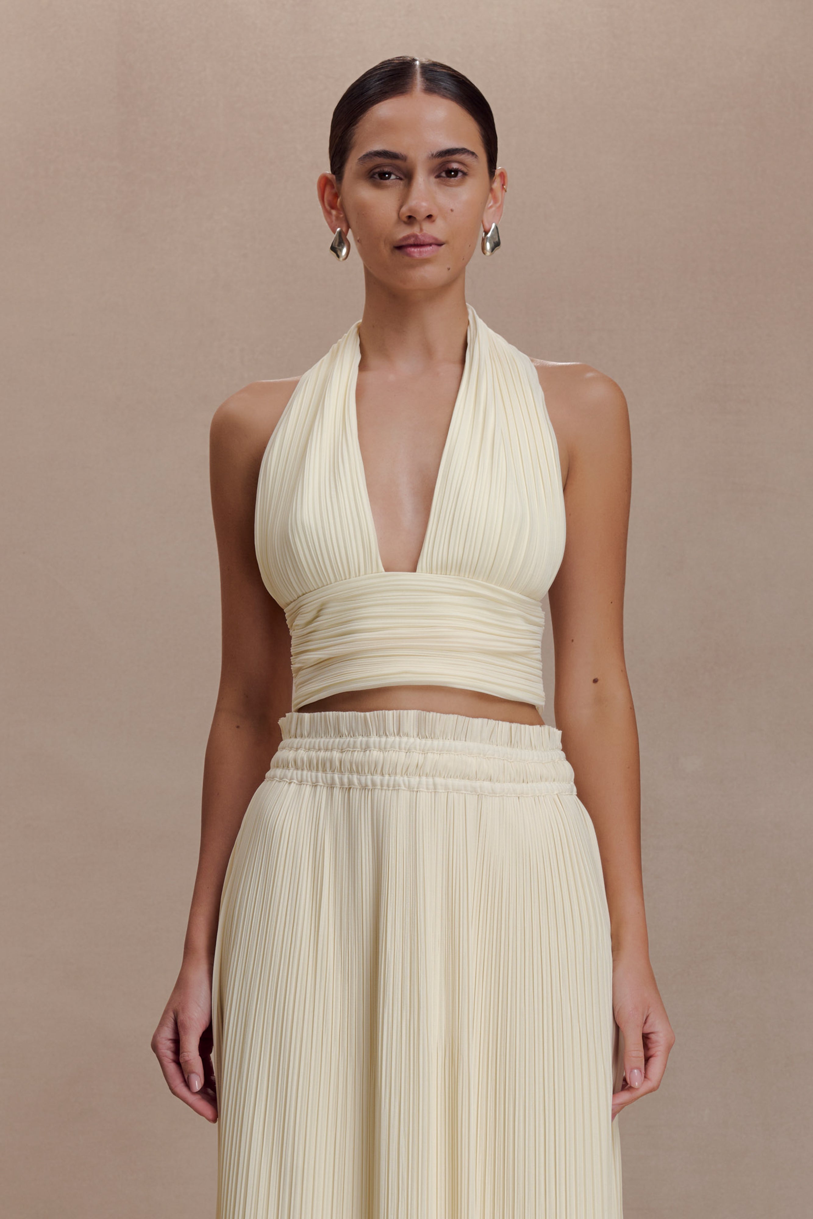 Amaris Sleeveless Plisse Halter Top - Lemon