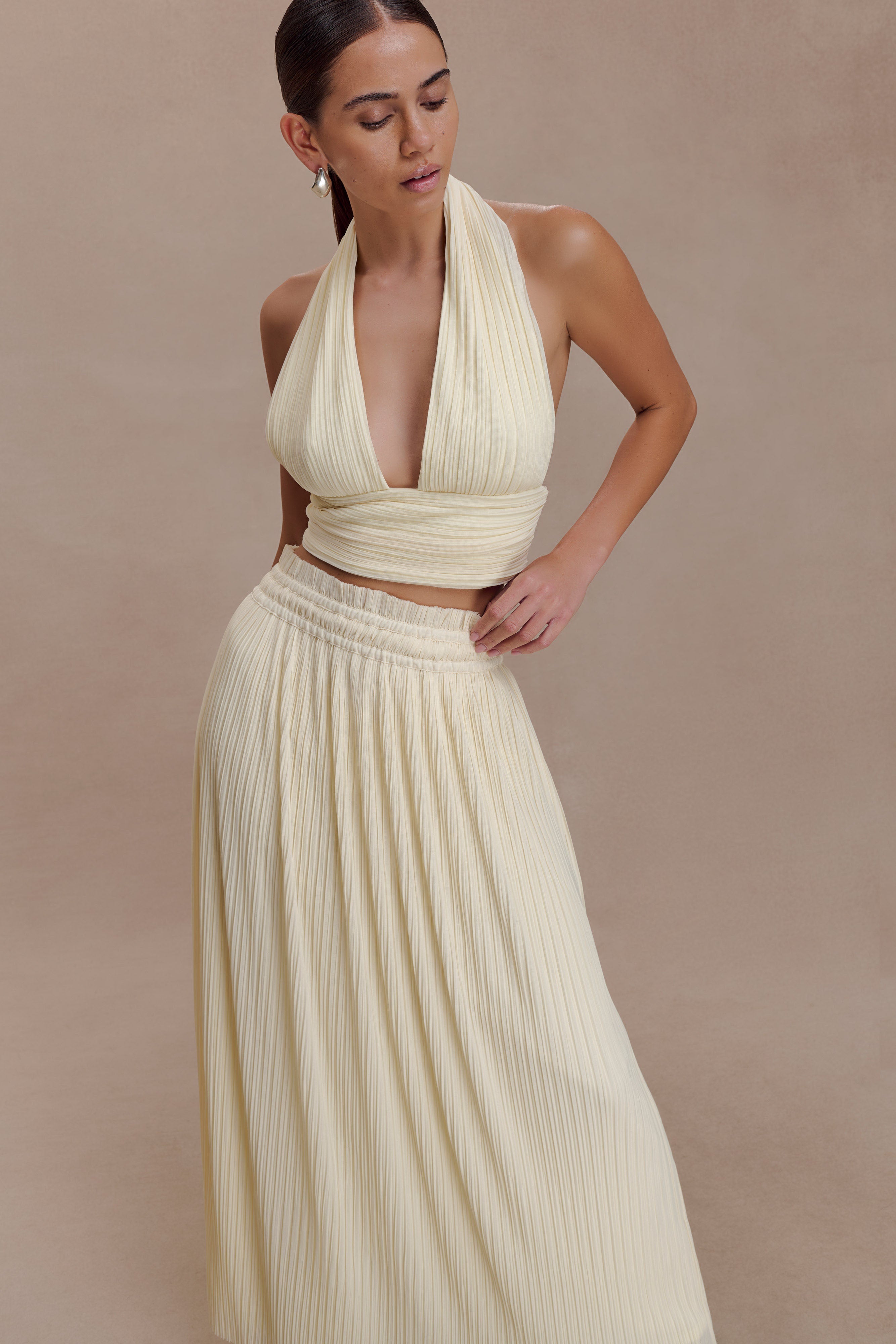 Amaris Sleeveless Plisse Halter Top - Lemon