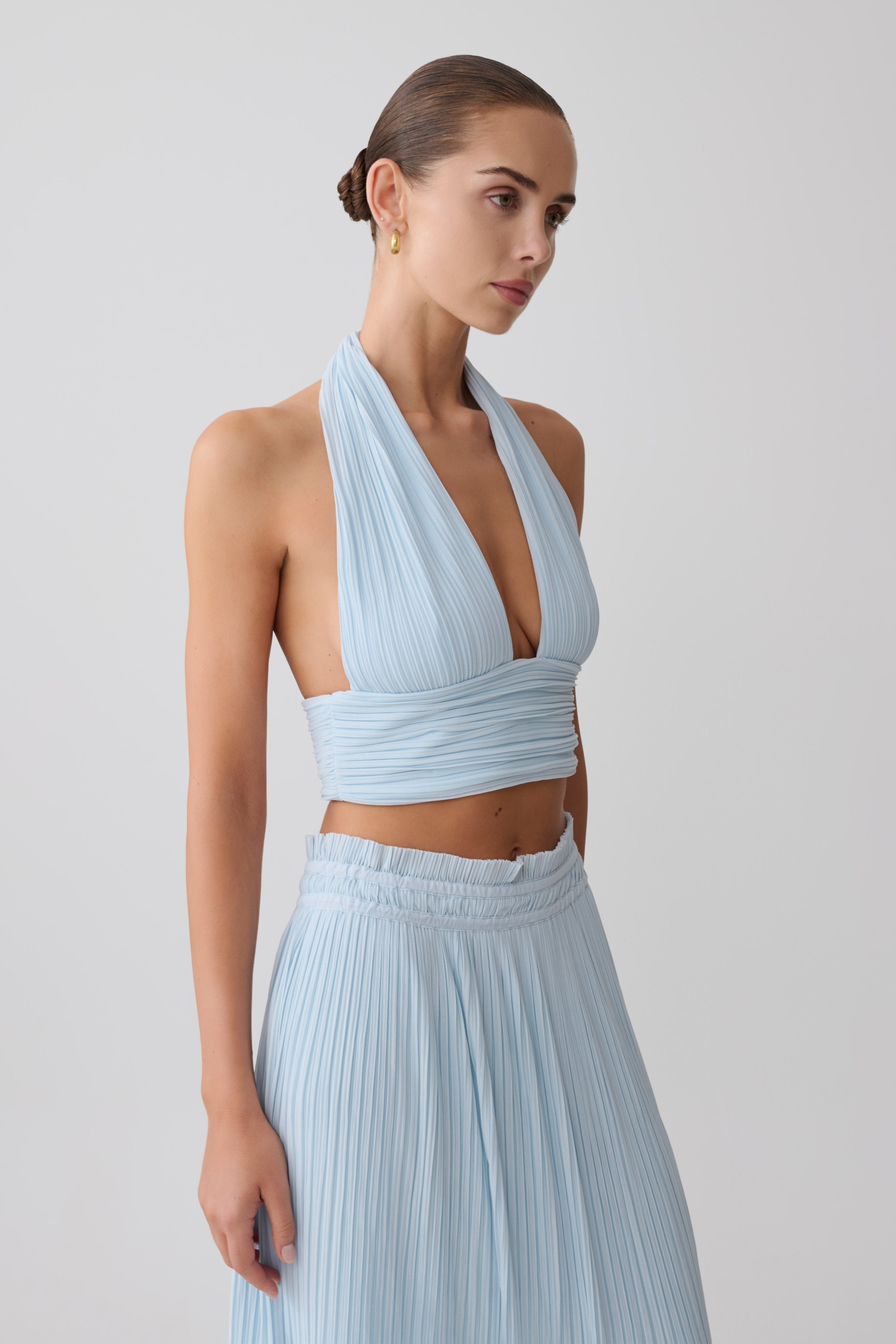 Amaris Sleeveless Plisse Halter Top - Pale Blue