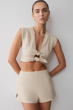 Anahita Linen Front Bows Short Sleeve Top - Natural