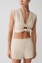 Anahita Linen Front Bows Short Sleeve Top - Natural