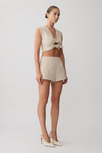 Anahita Linen Front Bows Short Sleeve Top - Natural