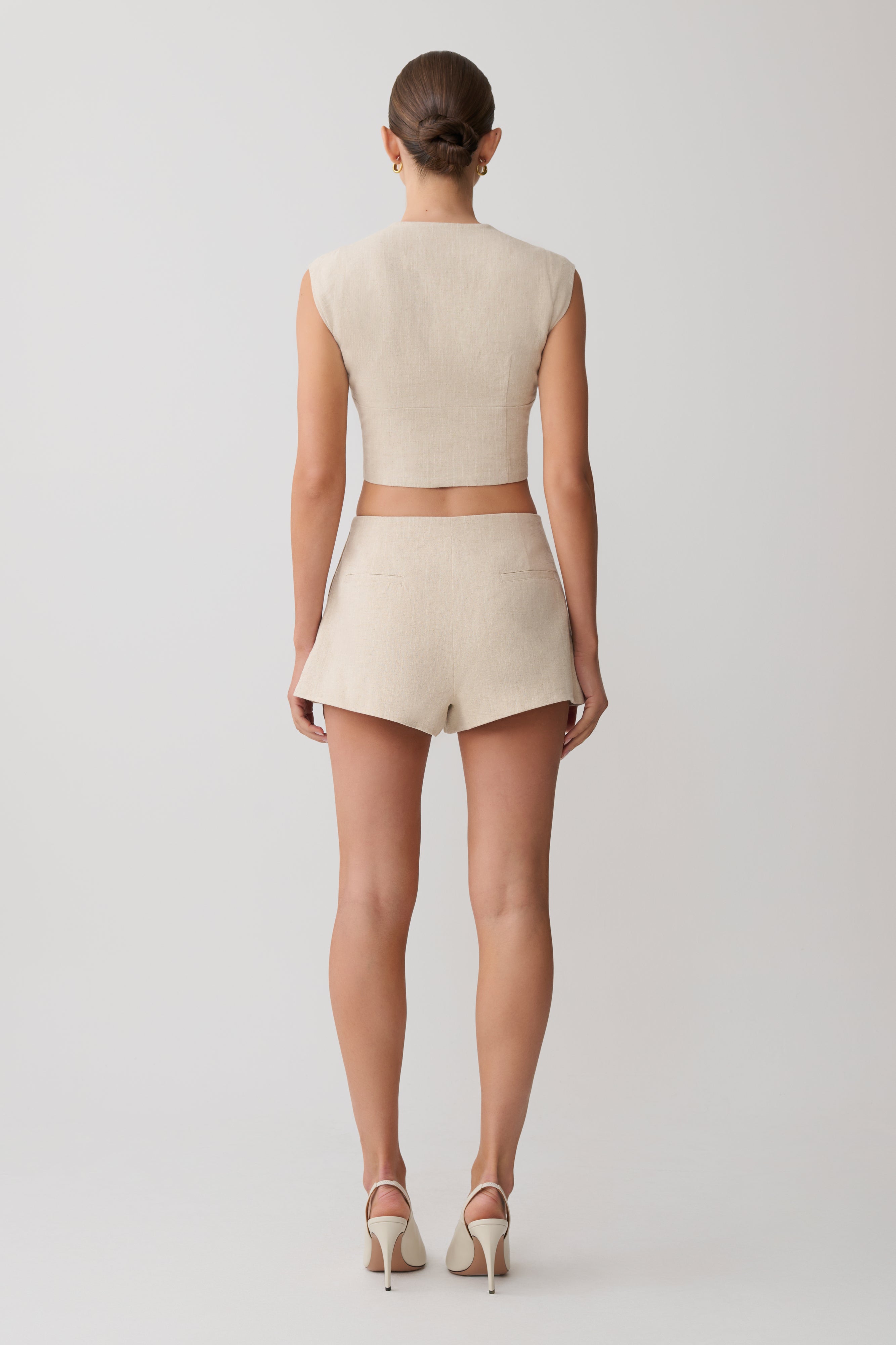 Anahita Linen Front Bows Short Sleeve Top - Natural