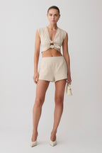 Anahita Linen Front Bows Short Sleeve Top - Natural