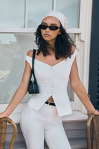 Billie Off Shoulder Sleeveless Button Top - White