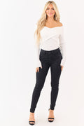 Coated Black Skinny Jeans for Women with Stretchy Fit & Button
