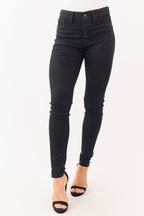 Coated Black Skinny Jeans for Women with Stretchy Fit & Button