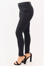 Coated Black Skinny Jeans for Women with Stretchy Fit & Button
