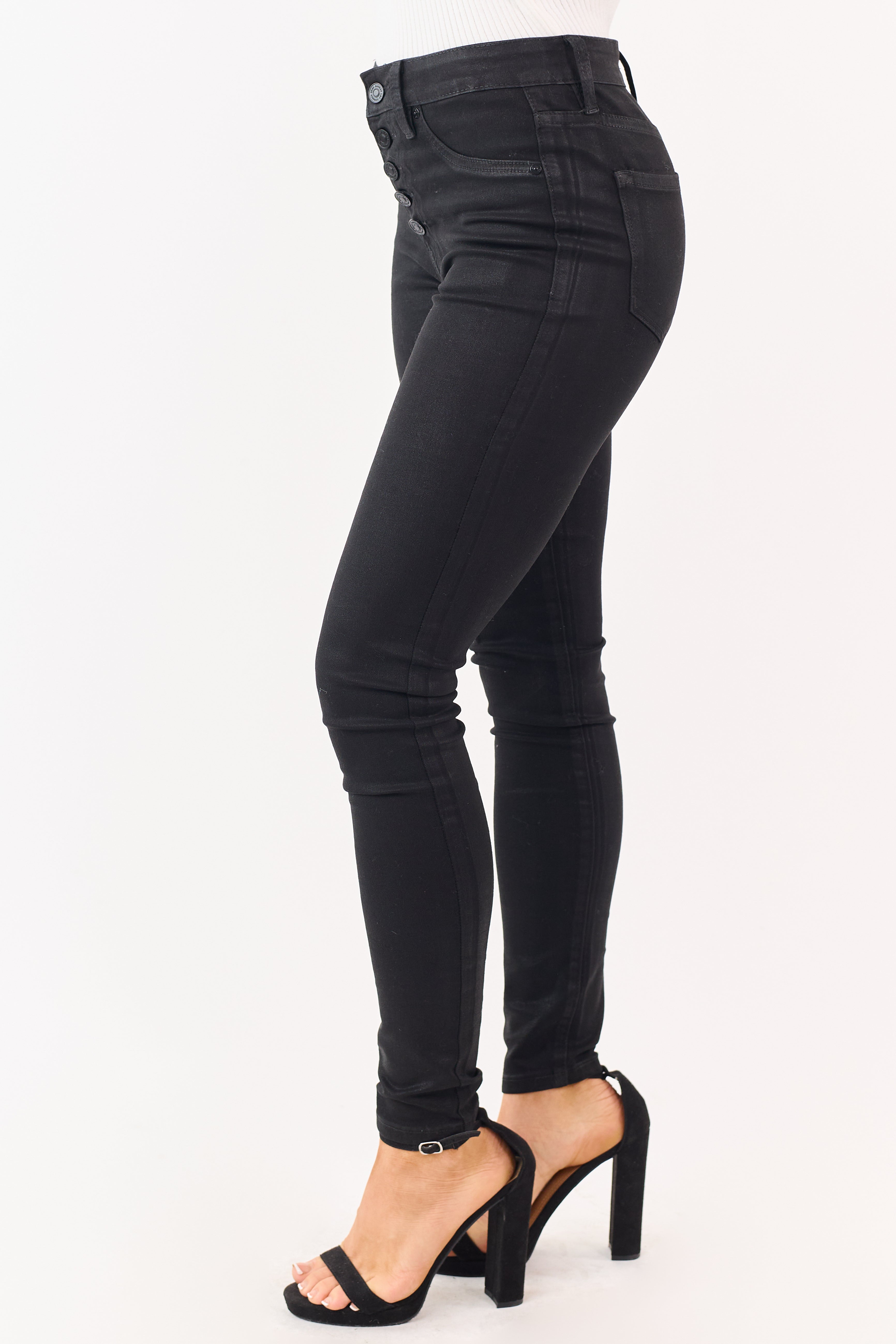 Coated Black Skinny Jeans for Women with Stretchy Fit & Button