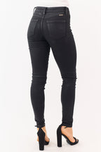 Coated Black Skinny Jeans for Women with Stretchy Fit & Button