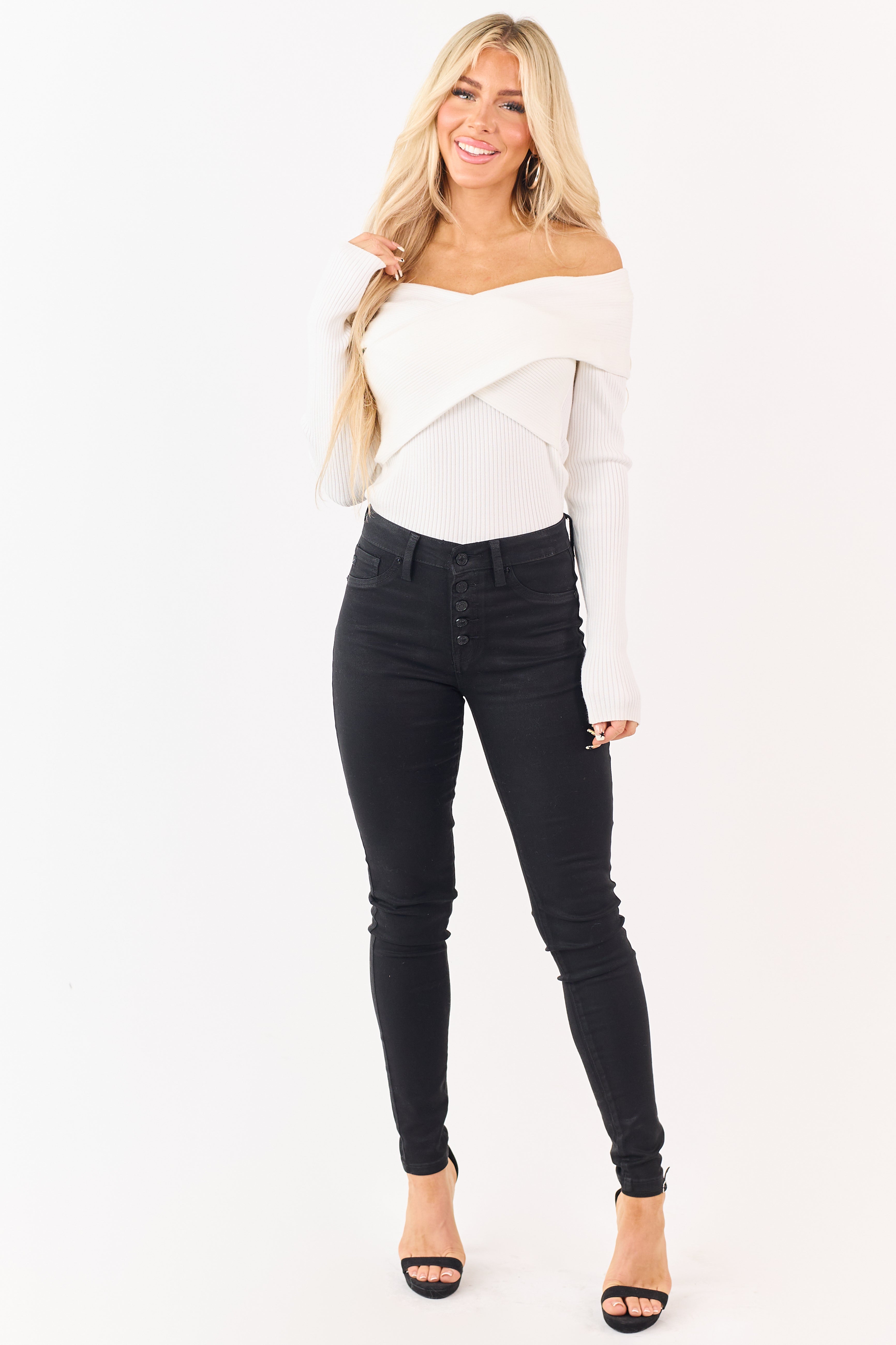 Coated Black Skinny Jeans for Women with Stretchy Fit & Button
