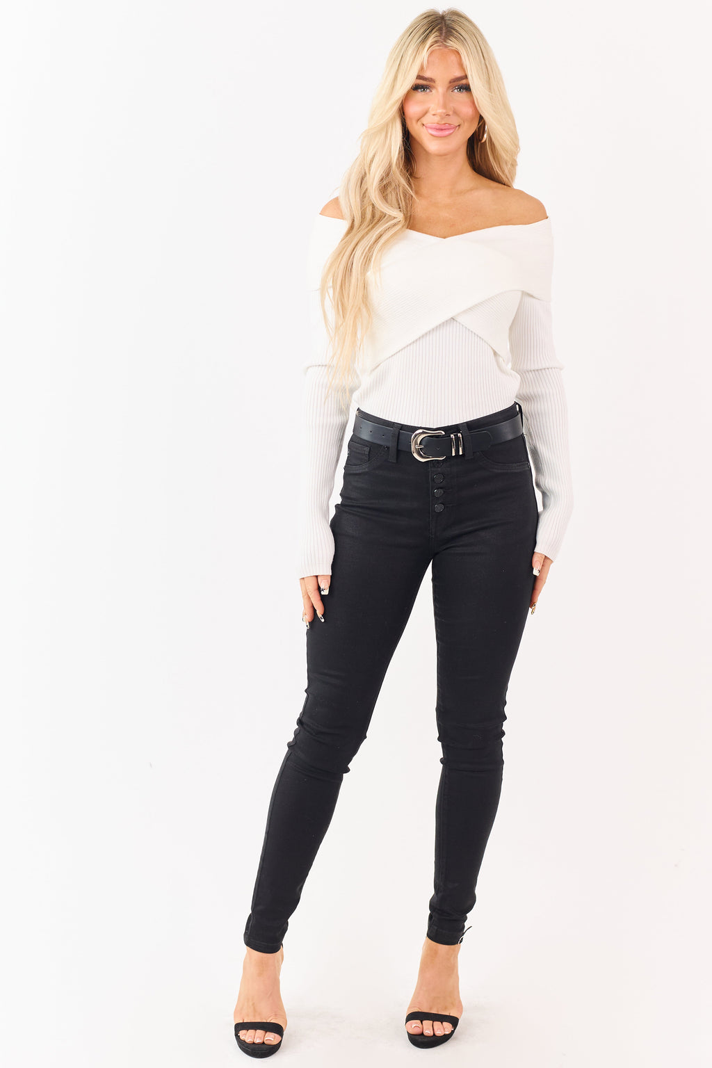 Coated Black Skinny Jeans for Women with Stretchy Fit & Button