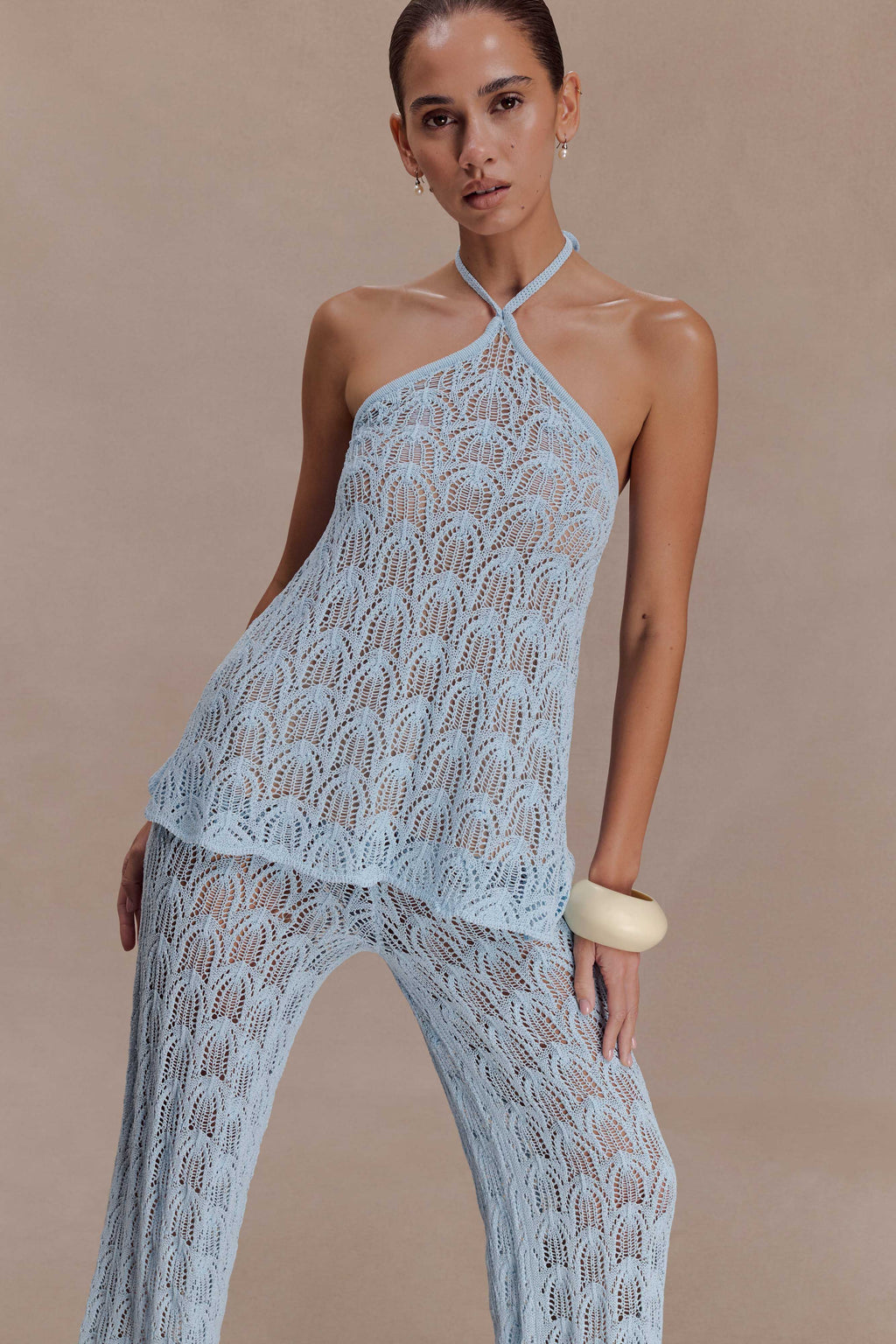 Corey Crochet Halter Neck Top - Light Blue