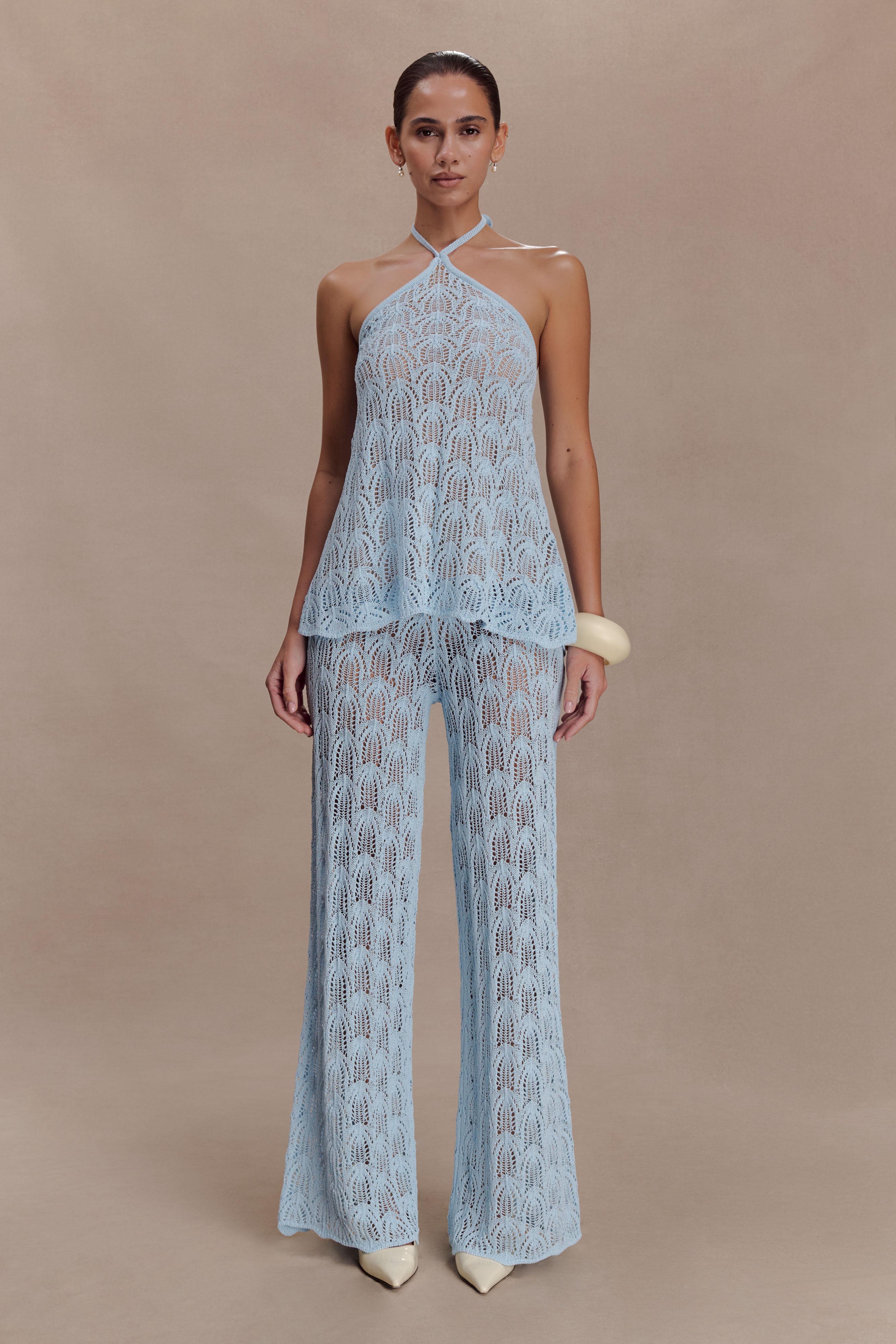 Corey Crochet Halter Neck Top - Light Blue