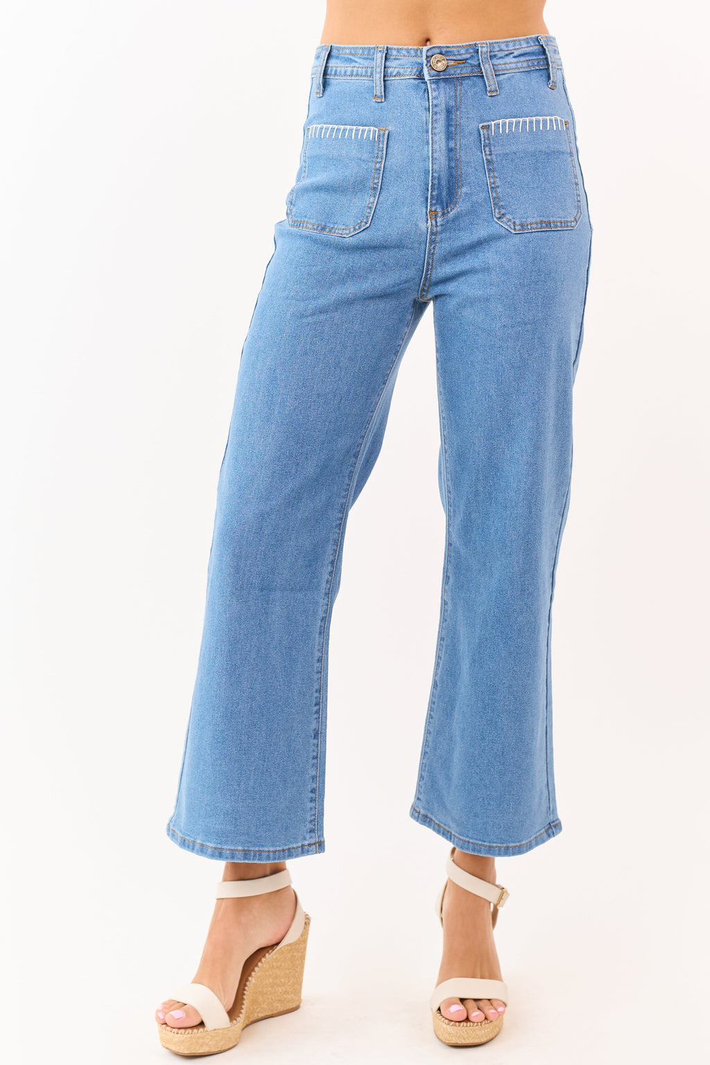 Cropped Straight Jeans Medium Wash With Stretchy Fit High Rise