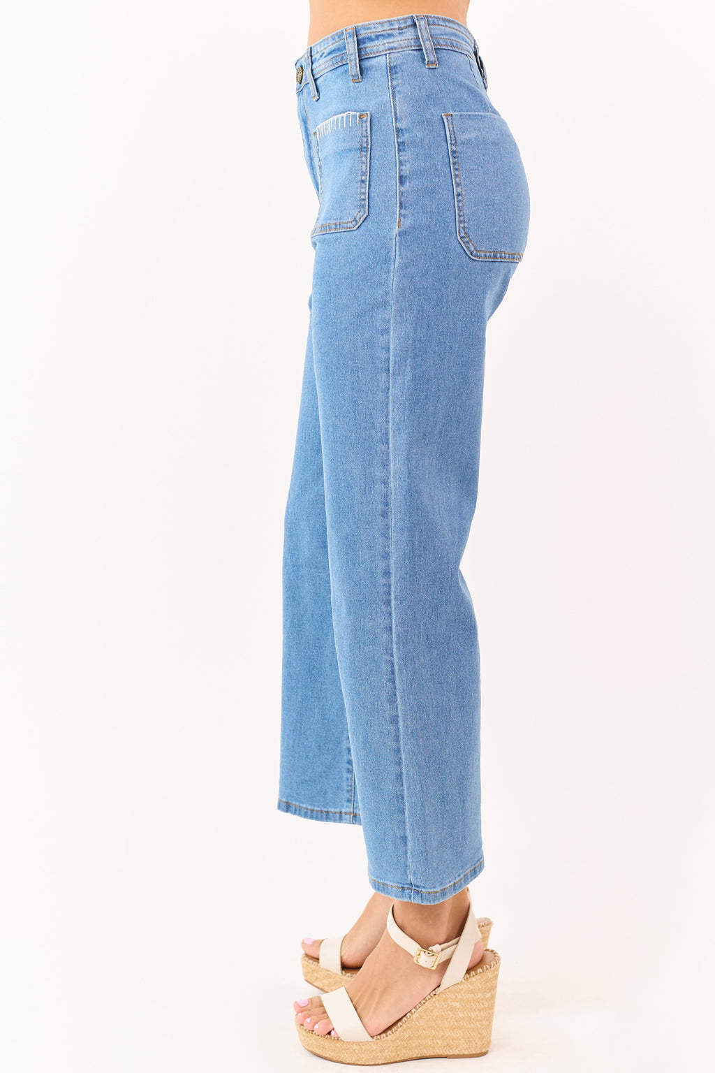 Cropped Straight Jeans Medium Wash With Stretchy Fit High Rise