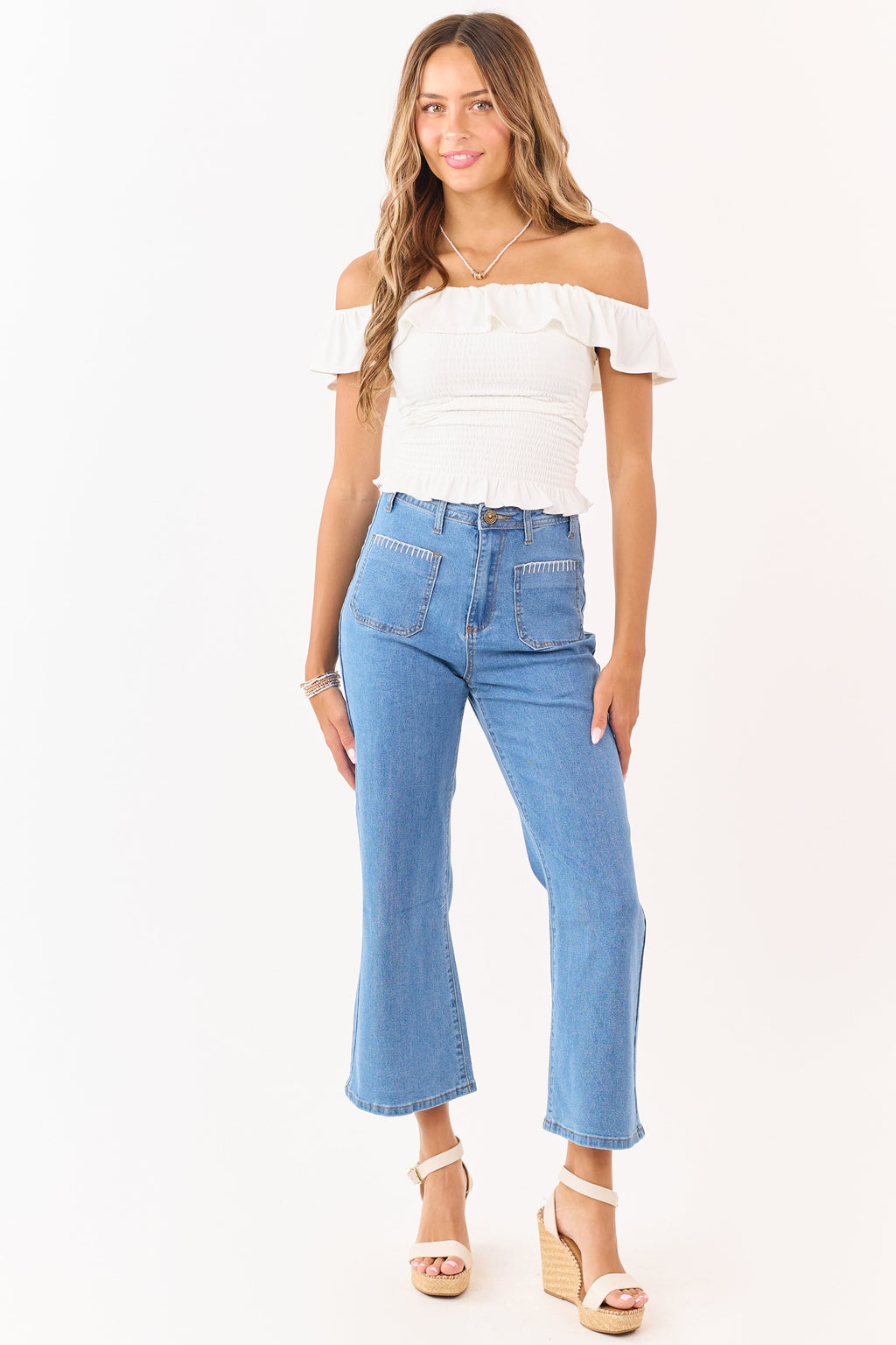 Cropped Straight Jeans Medium Wash With Stretchy Fit High Rise