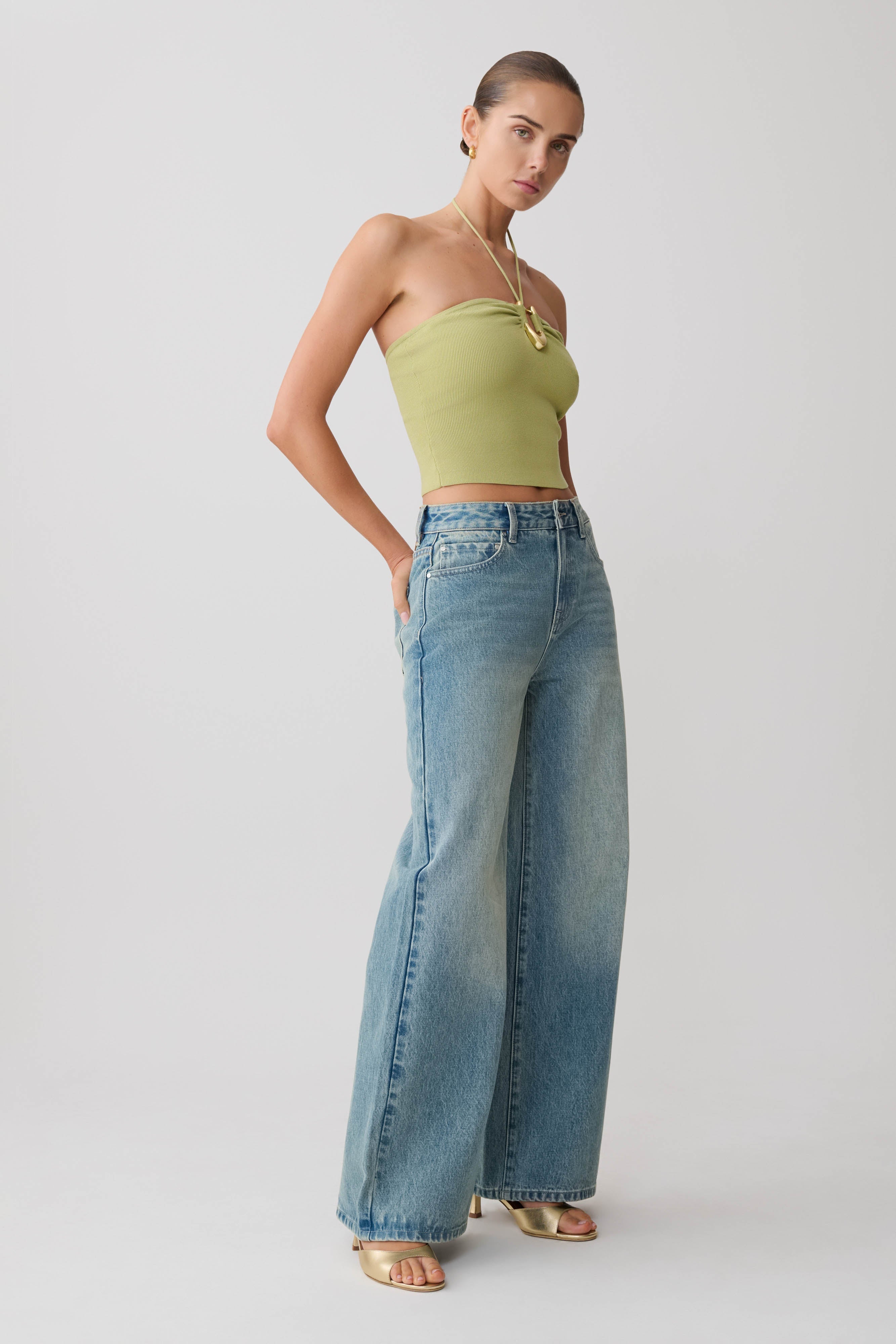 Dimitri Knit Halter Top With Hardware - Light Olive