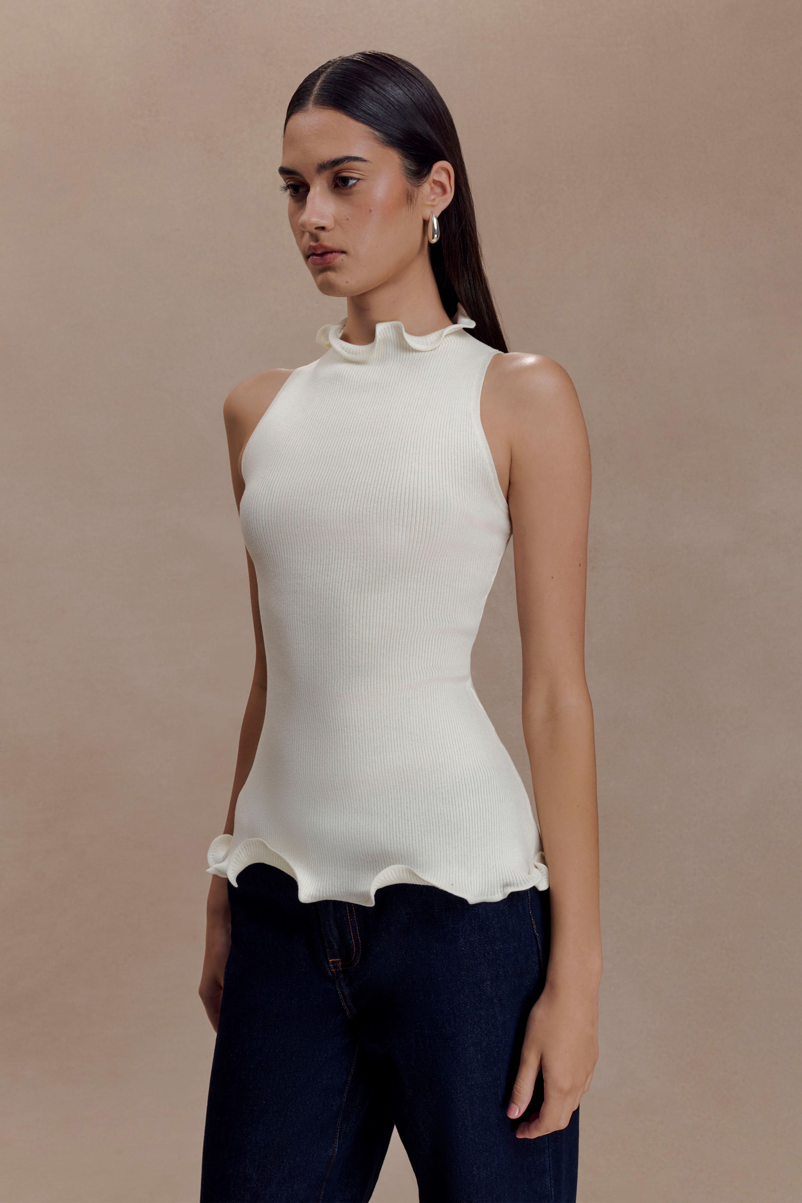Diya Ribbed Sleeveless Top With Wire Hem - Ivory