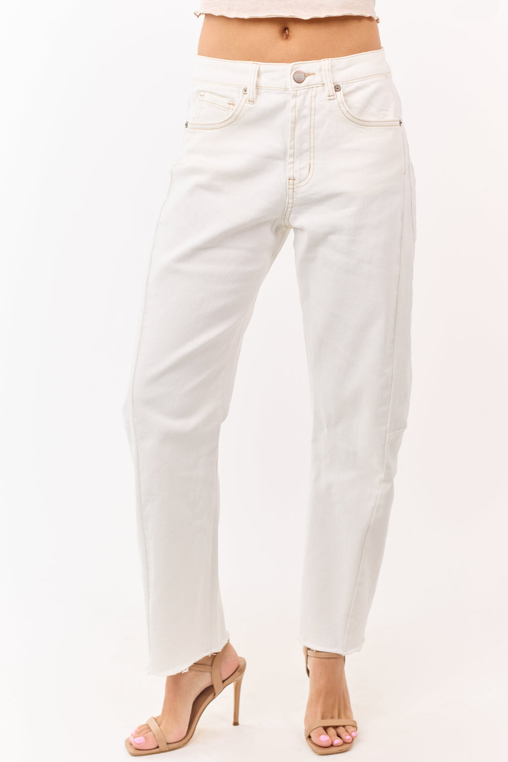 High Rise Stretchy Barrel Jeans with Frayed Hem