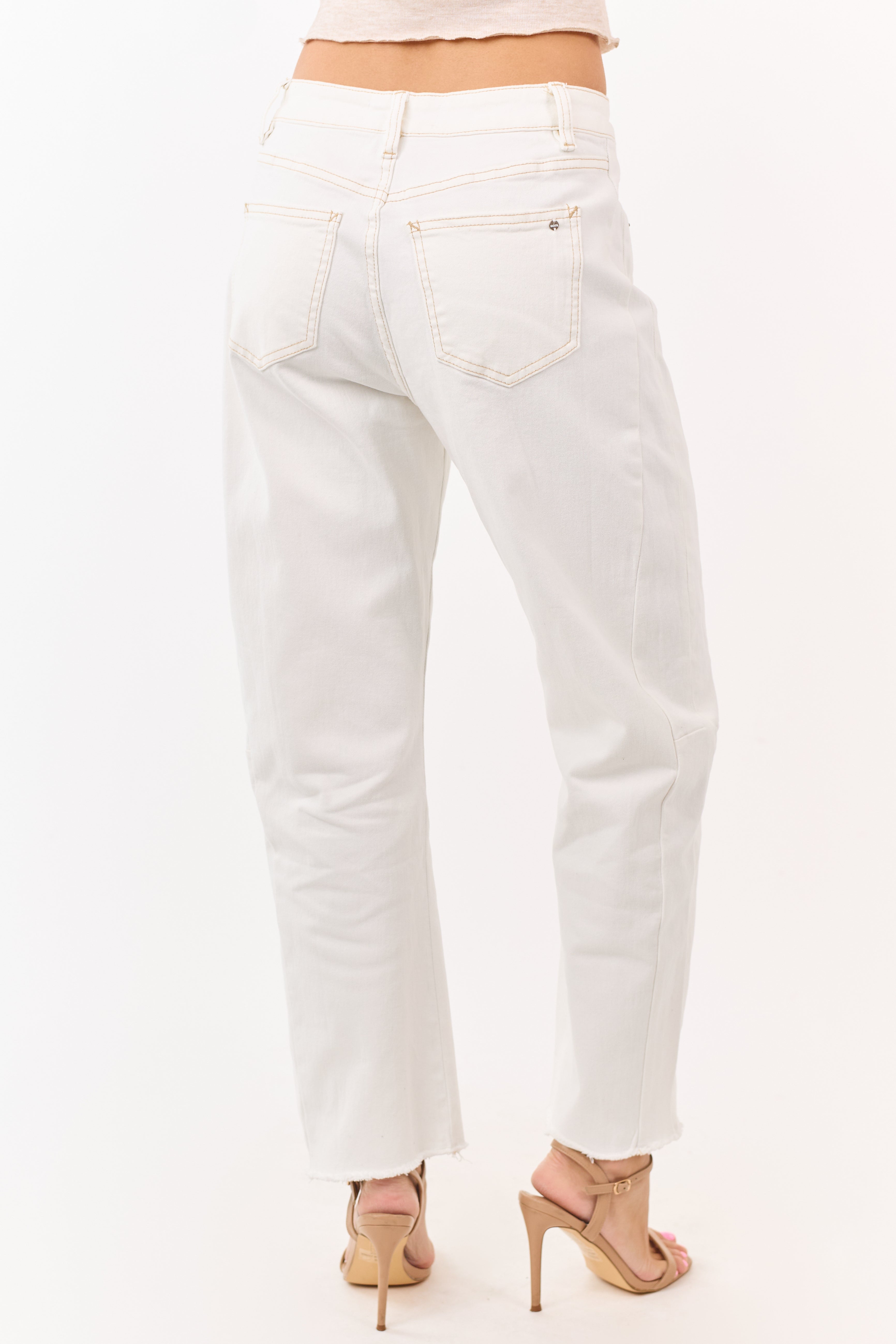 High Rise Stretchy Barrel Jeans with Frayed Hem
