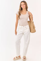 High Rise Stretchy Barrel Jeans with Frayed Hem