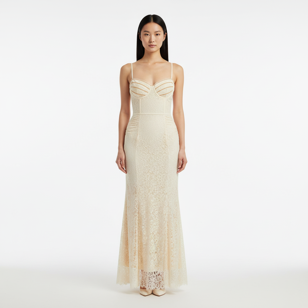Ivory Lace Maxi Dress – Sweetheart Neckline & Full-Length Gown