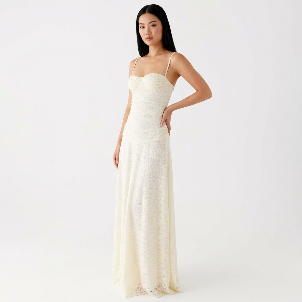 Ivory Lace Maxi Dress – Sweetheart Neckline & Full-Length Gown