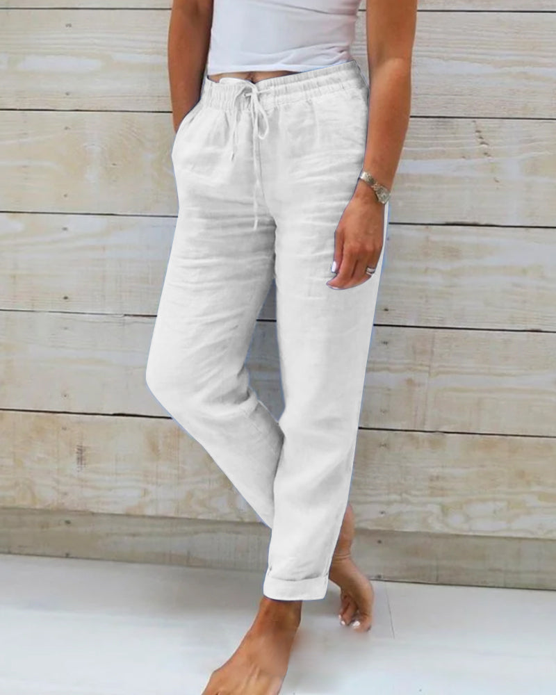 Lightweight White Linen Pants with Elastic