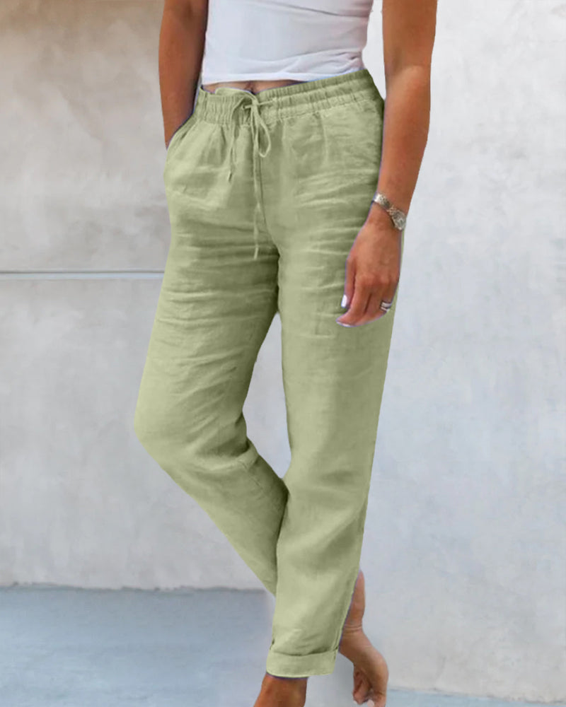 Lightweight White Linen Pants with Elastic