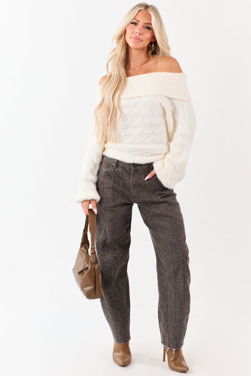 Low Slung Barrel Jeans – Faded Leopard Print with Semi-Stretchy