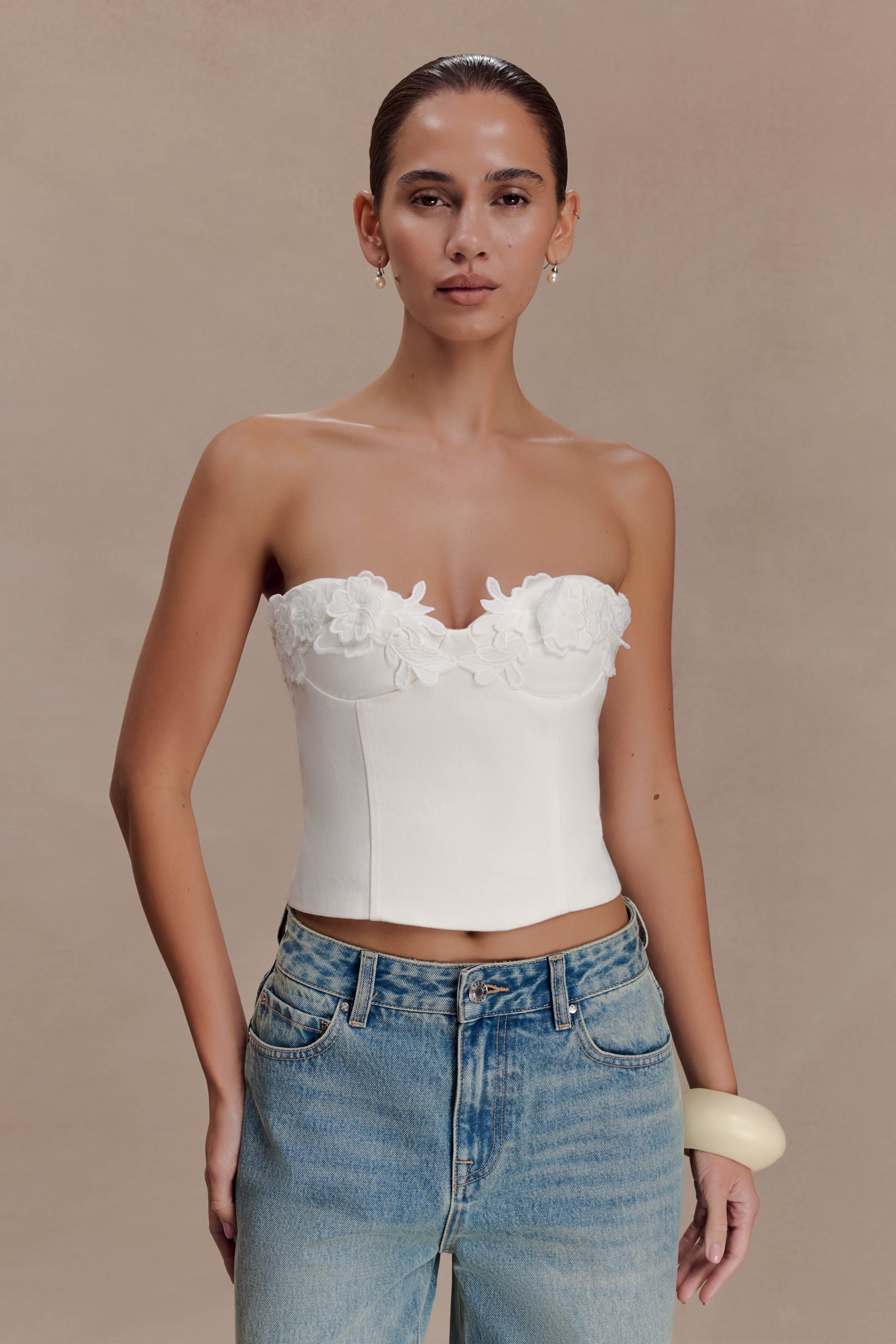 Melany Applique Denim Bustier White