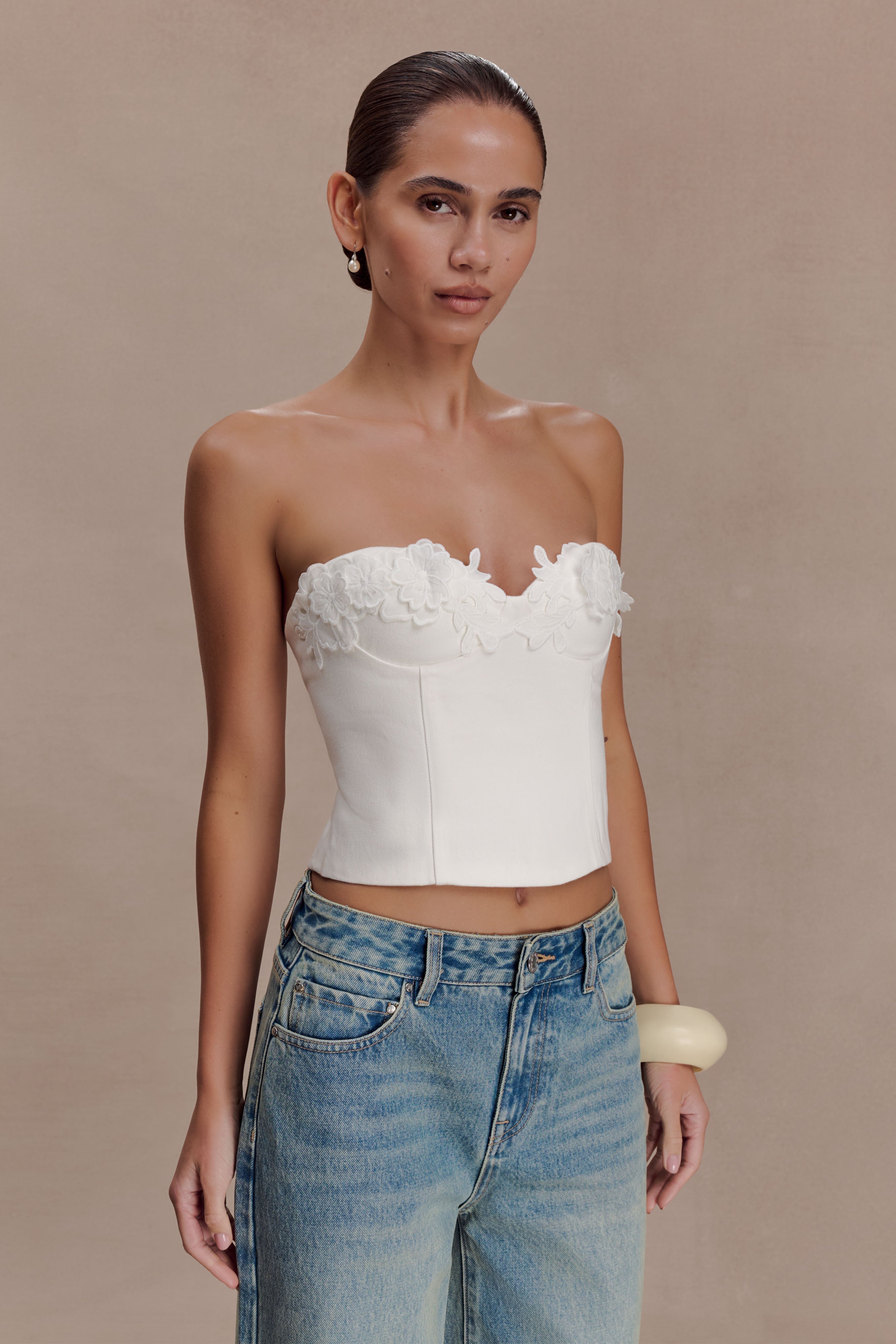 Melany Applique Denim Bustier White