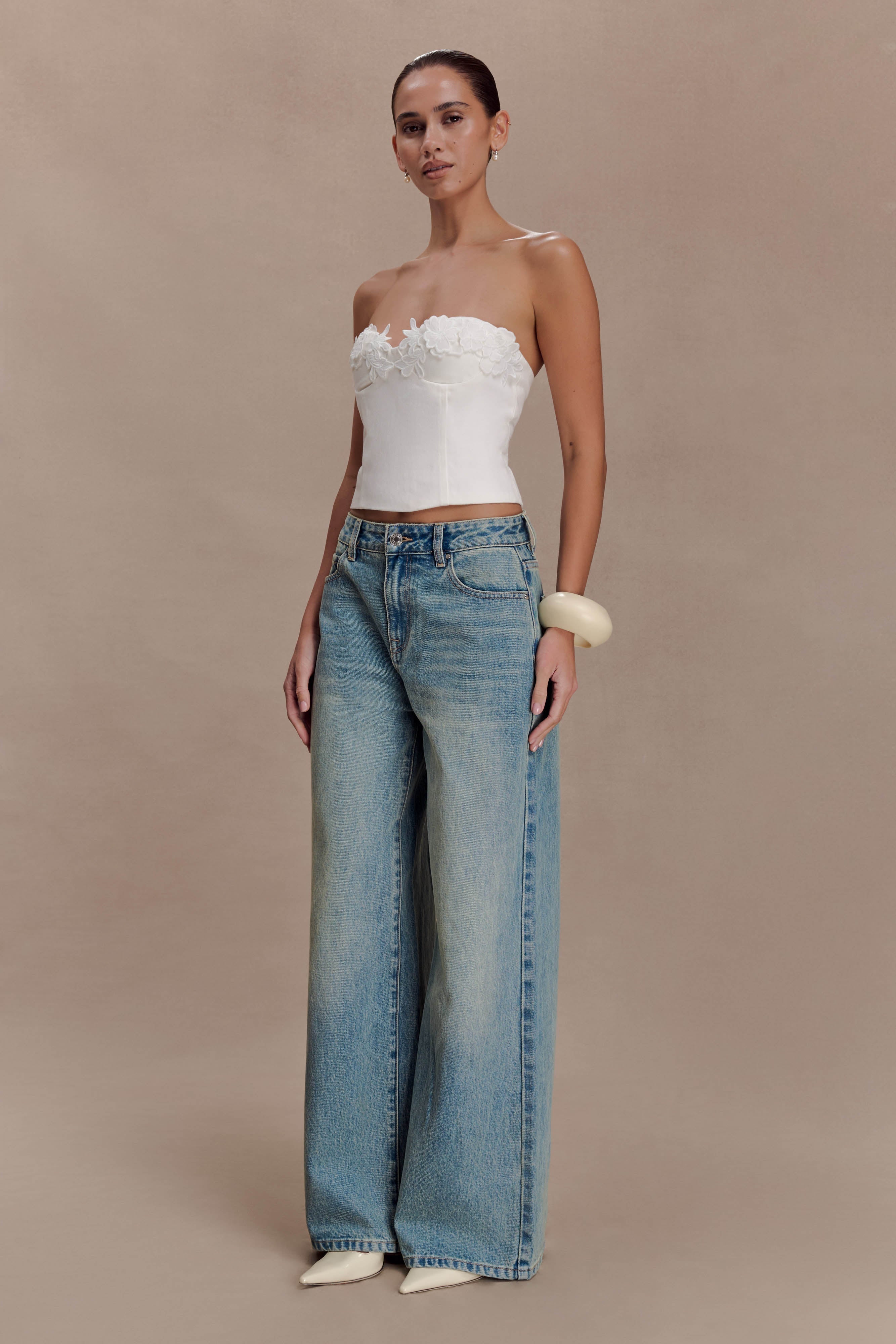 Melany Applique Denim Bustier White