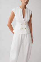 Oriana Linen Button Vest - White