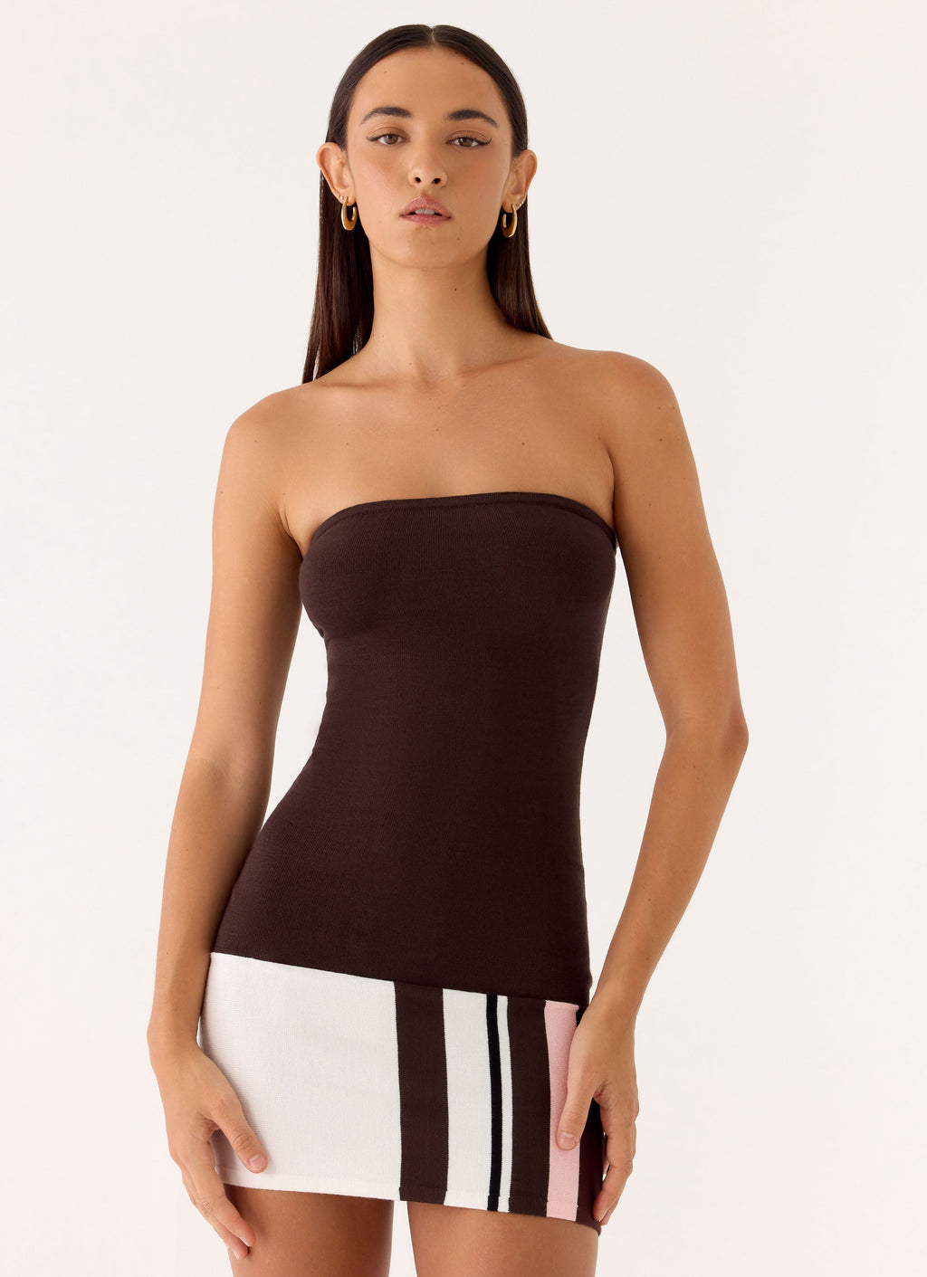 Straight Lines Knit Mini Dress - Chocolate