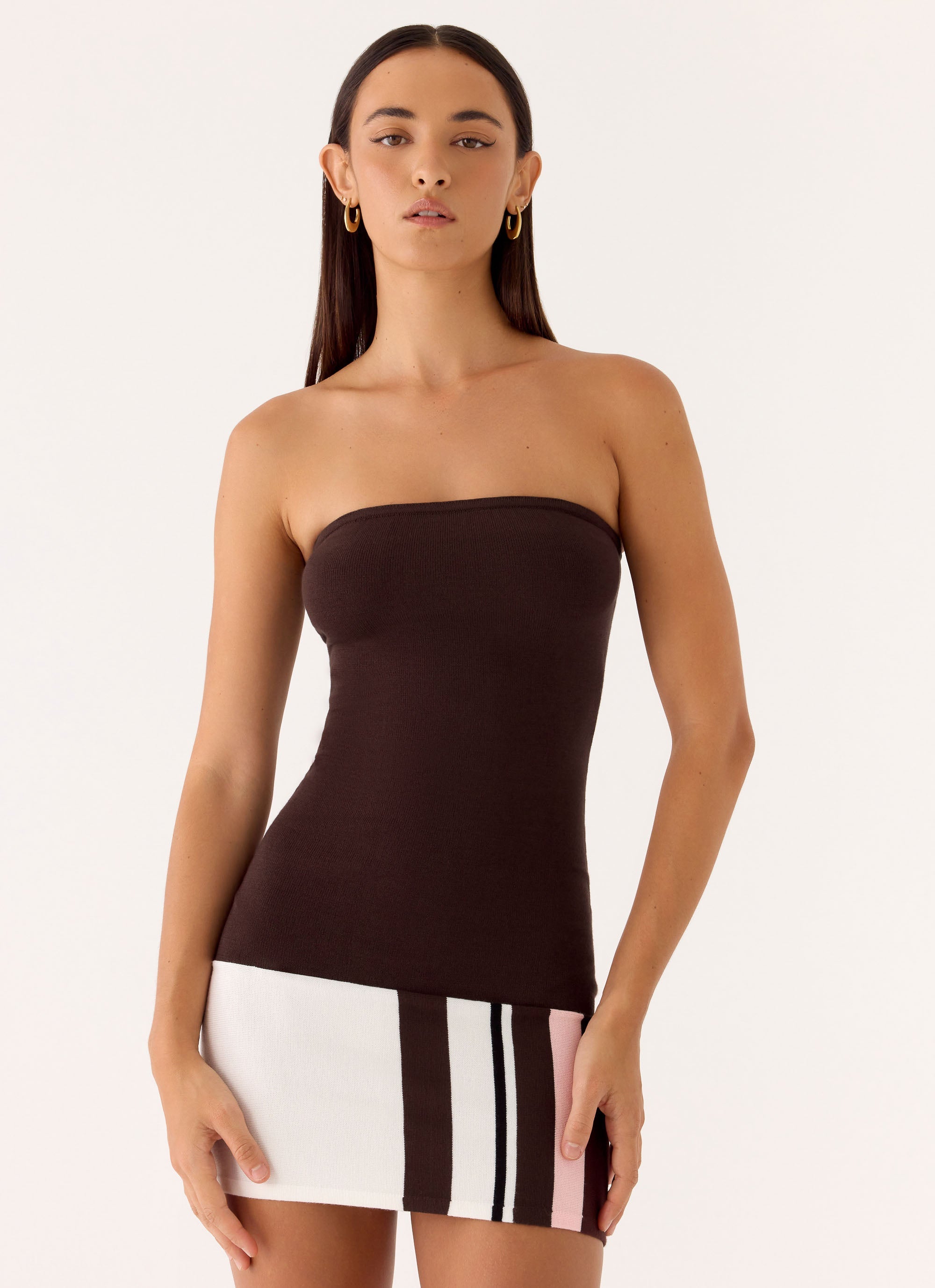 Straight Lines Knit Mini Dress - Chocolate
