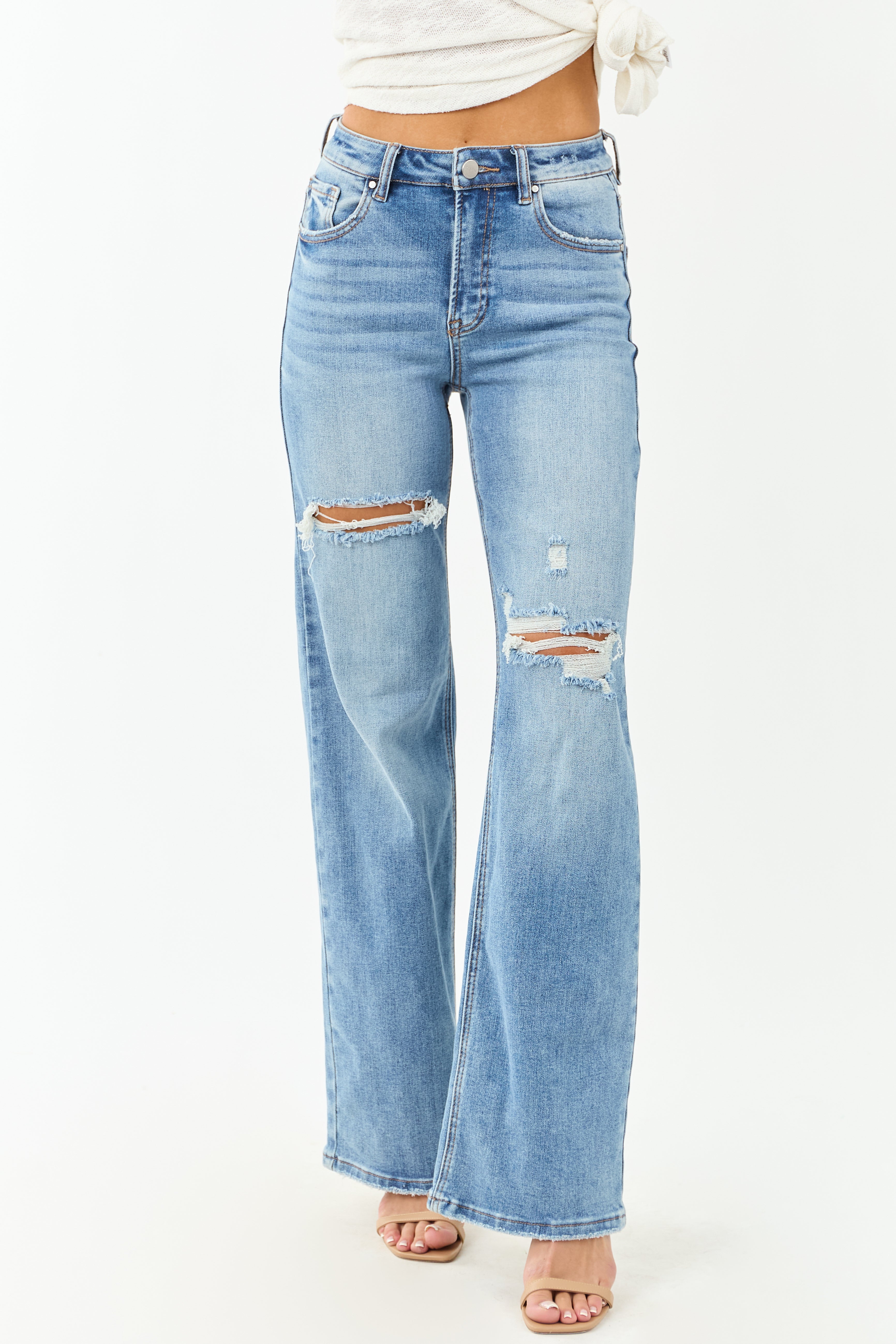 Stylish Wide Leg Jeans Women High Waisted Distressed Denim For