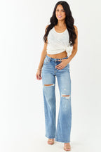 Stylish Wide Leg Jeans Women High Waisted Distressed Denim For