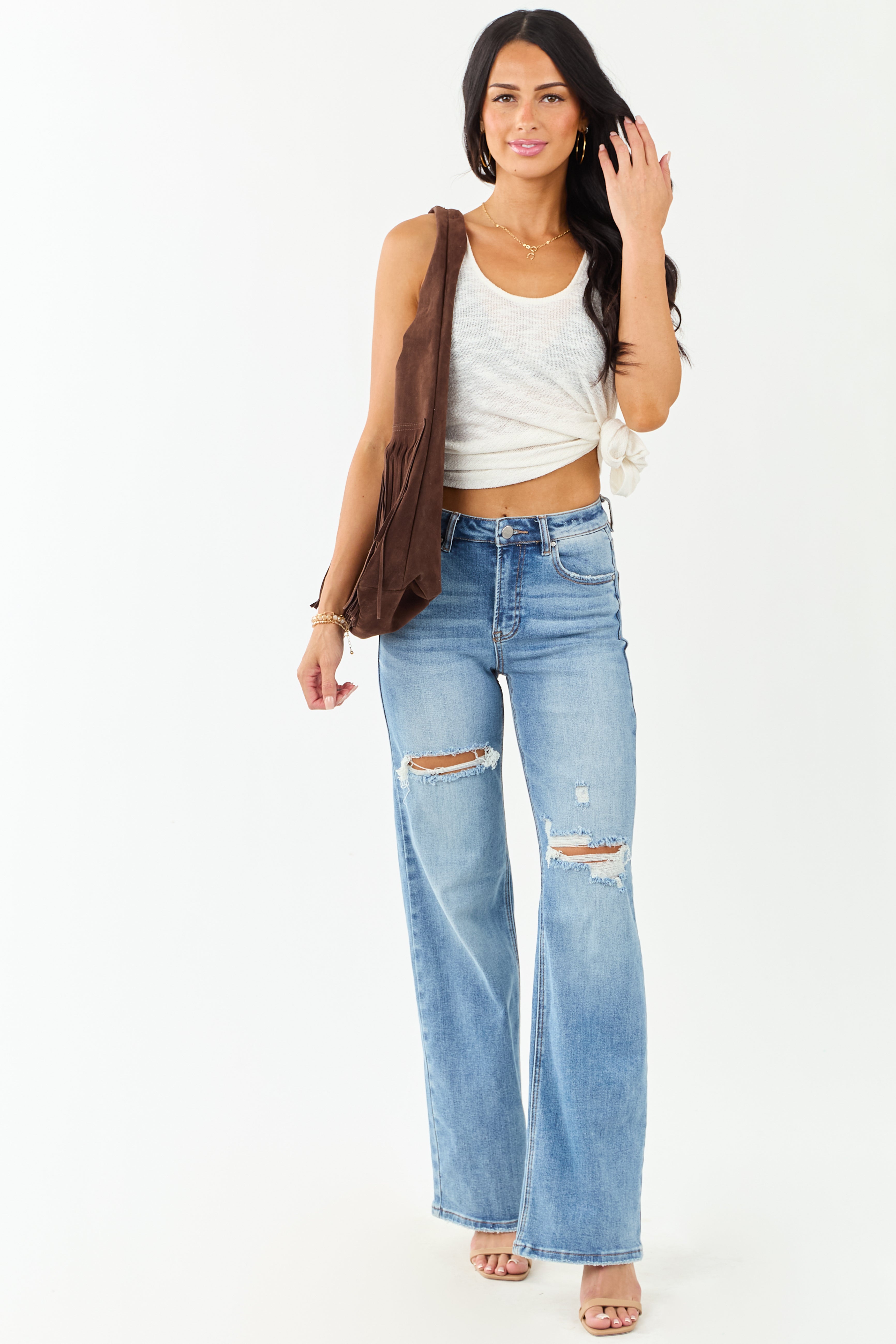 Stylish Wide Leg Jeans Women High Waisted Distressed Denim For