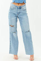 Stylish Wide Leg Jeans Women High Waisted Distressed Design With