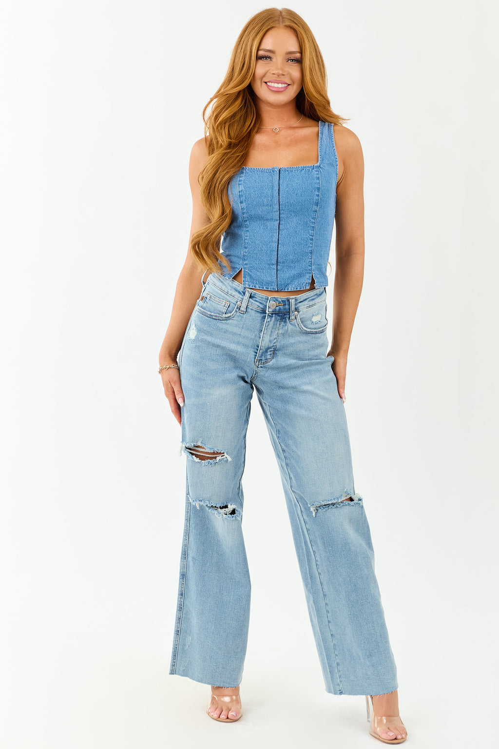 Stylish Wide Leg Jeans Women High Waisted Distressed Design With