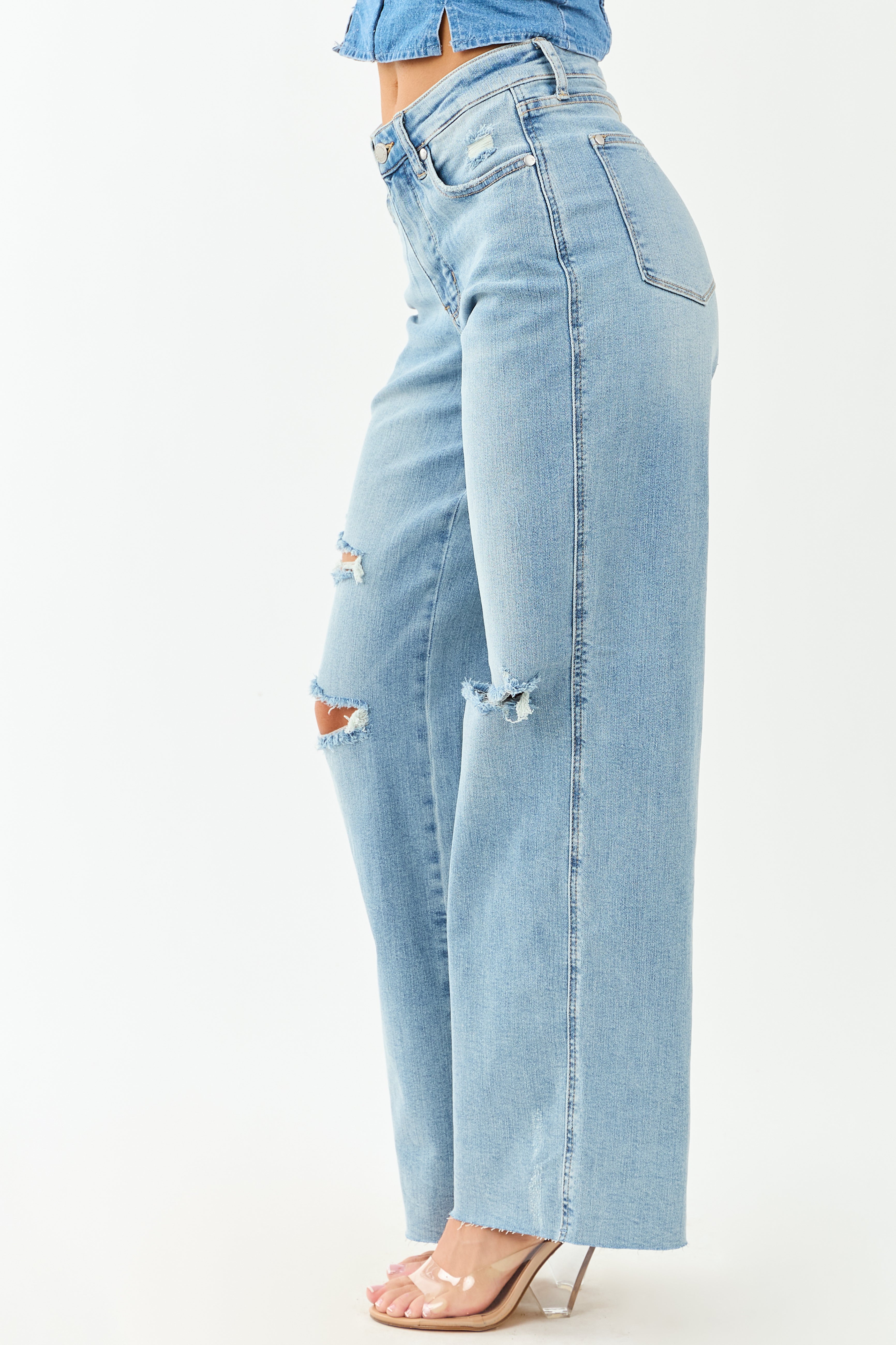 Stylish Wide Leg Jeans Women High Waisted Distressed Design With