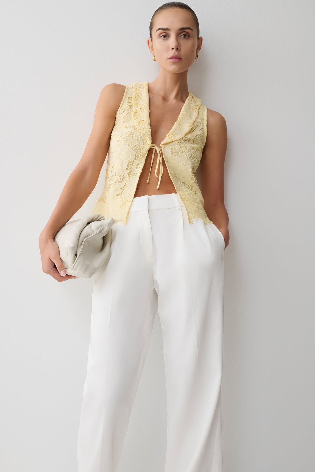 Tessa Broderie Tie Front Sleeveless Top - Lemon